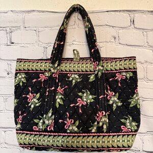 Retired Vera Bradley Weekender Travel Tote Black Pink Bow Floral Quilted Bag